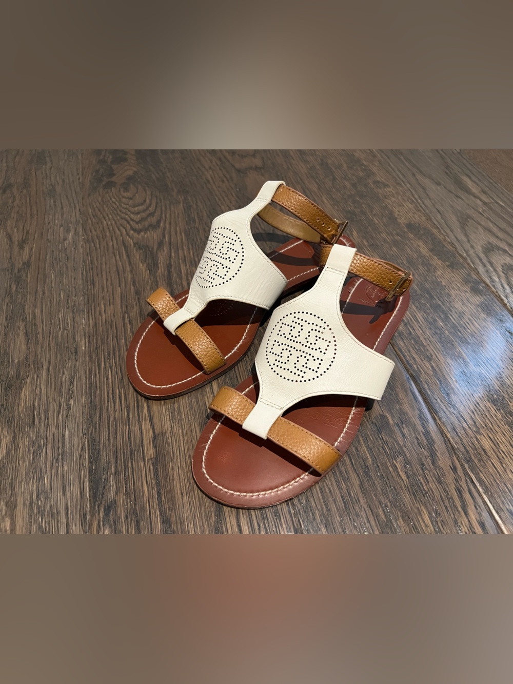Tory Burch White & Tan Leather Sandals, Perforated Logo, Size 9